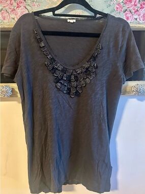 J. Crew Short-Sleeve V-Neck Top with Front Beaded Trim - Gray